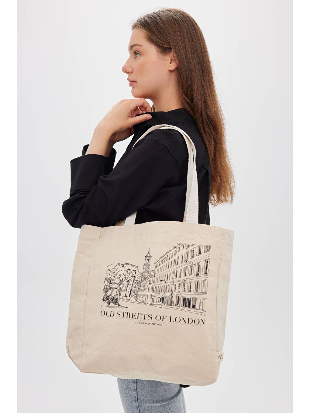Bej Baskılı Körüklü Bez Çanta London-1