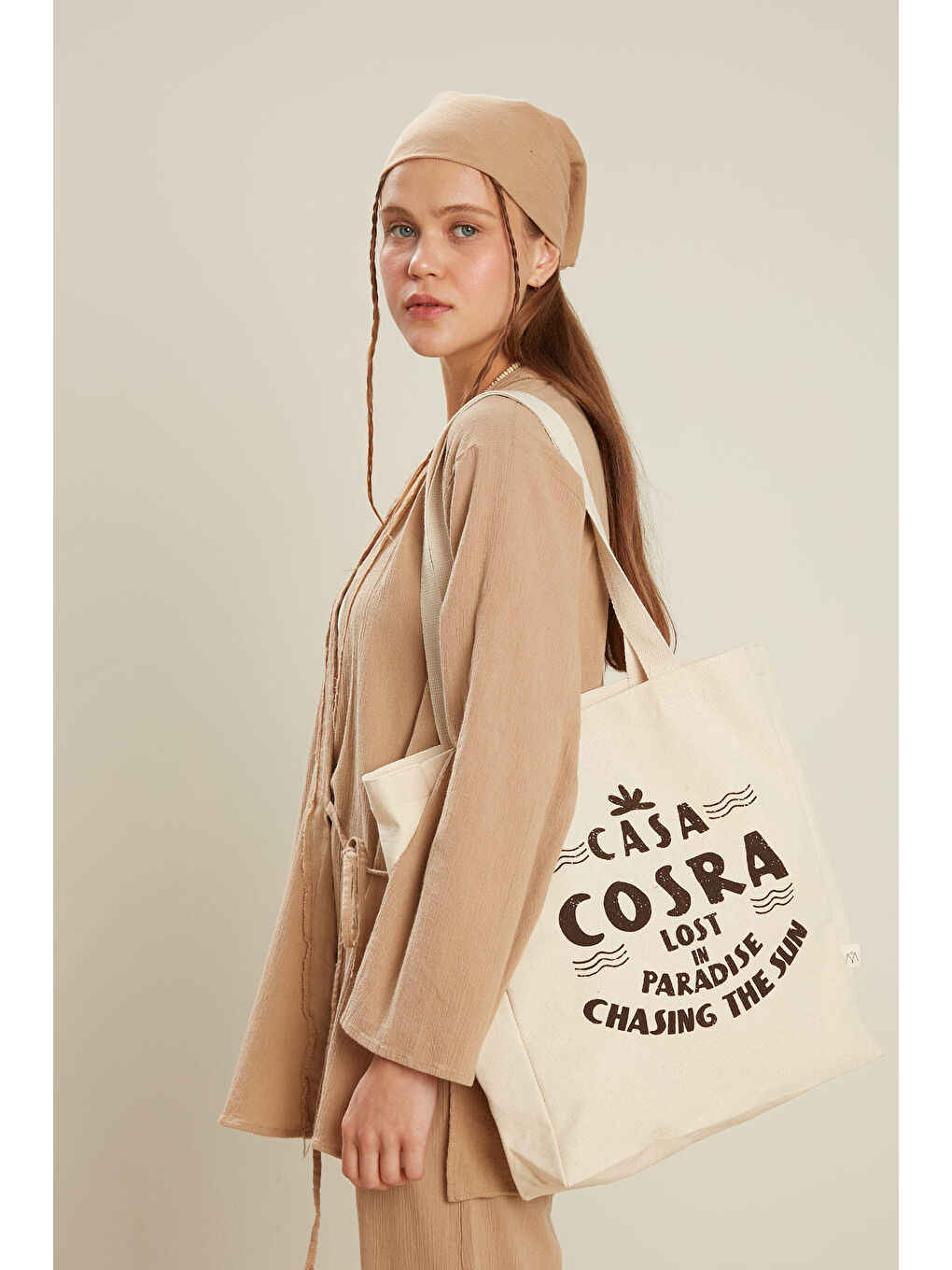 Kahverengi Baskılı Körüklü Bez Çanta Casa-Kahve-2