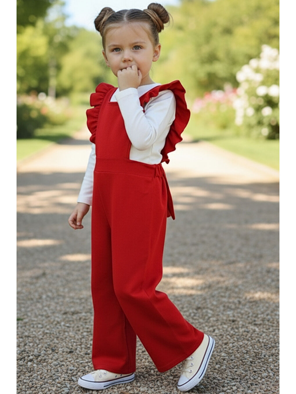 Kız Çocuk Berlin Kırmızı Pamuklu Fırfırlı Bağlama Detaylı Tulum