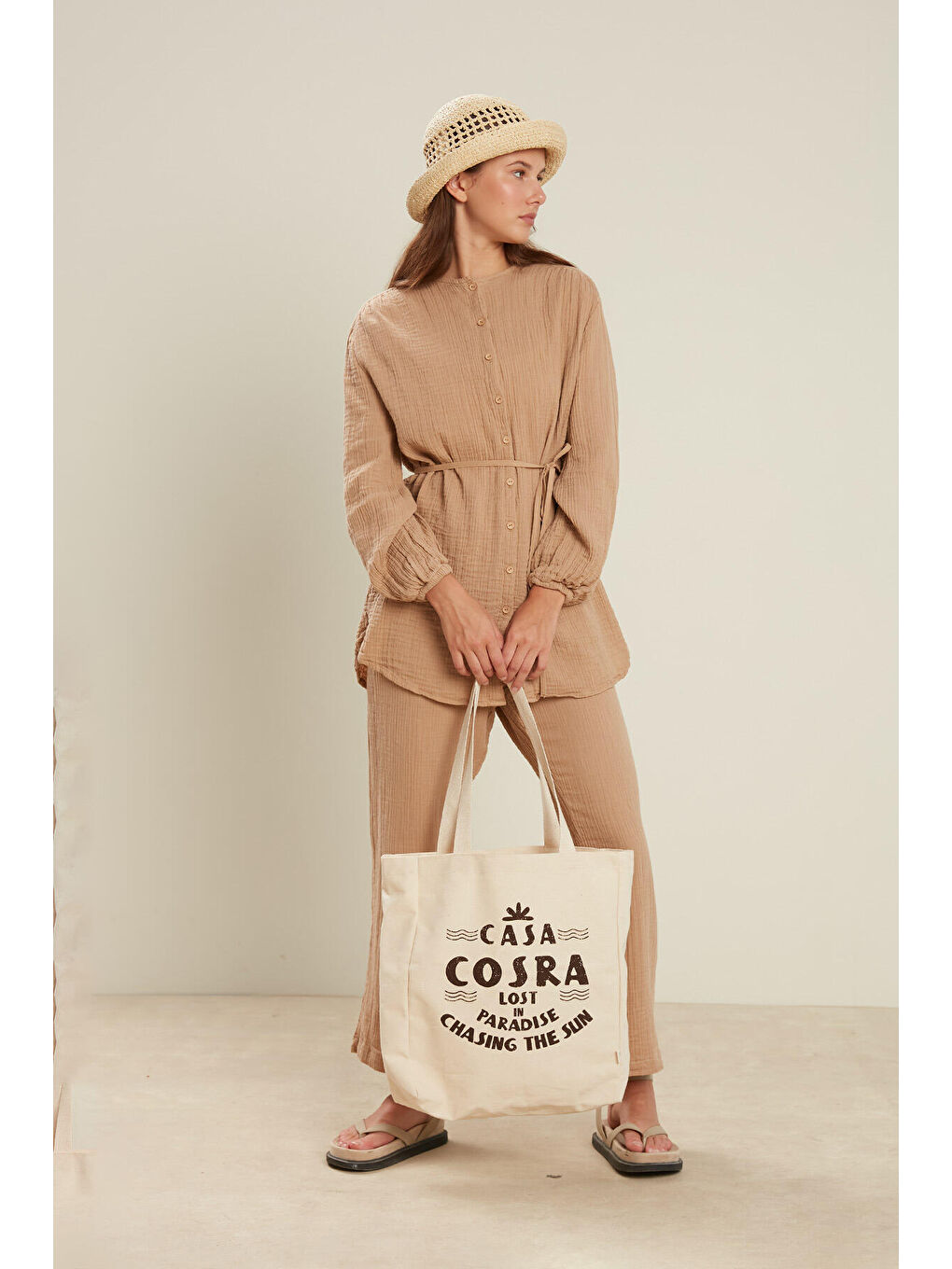 Kahverengi Baskılı Körüklü Bez Çanta Casa-Kahve-4