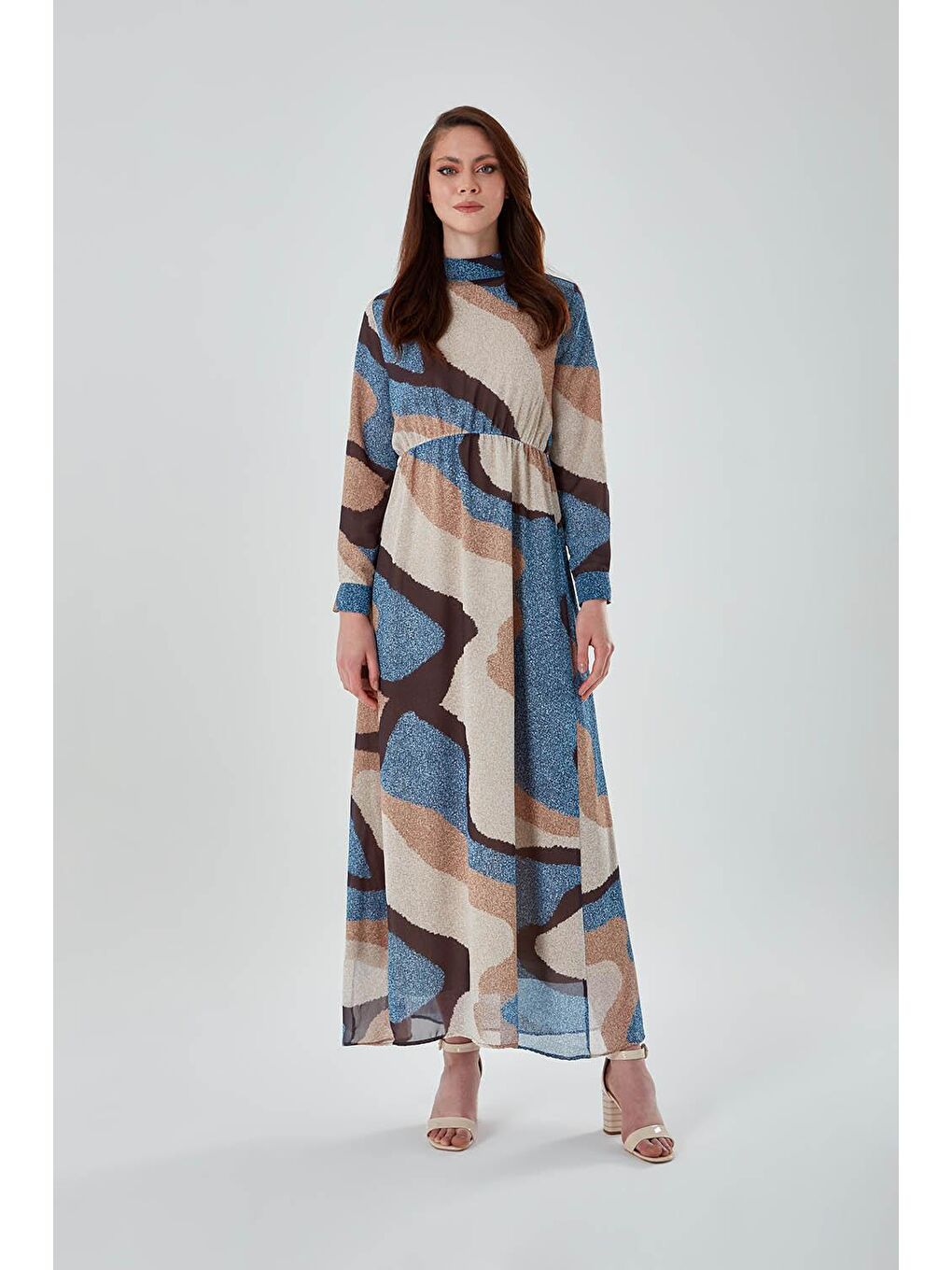 Dik Yaka Baskılı Mavi Uzun Elbise-1