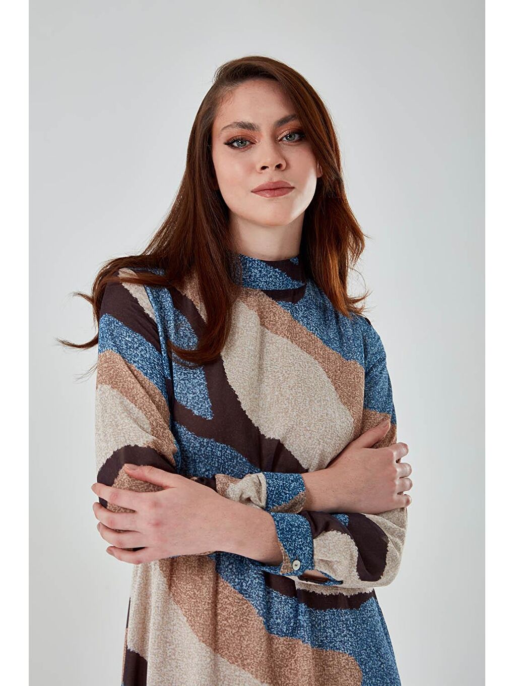 Dik Yaka Baskılı Mavi Uzun Elbise-2