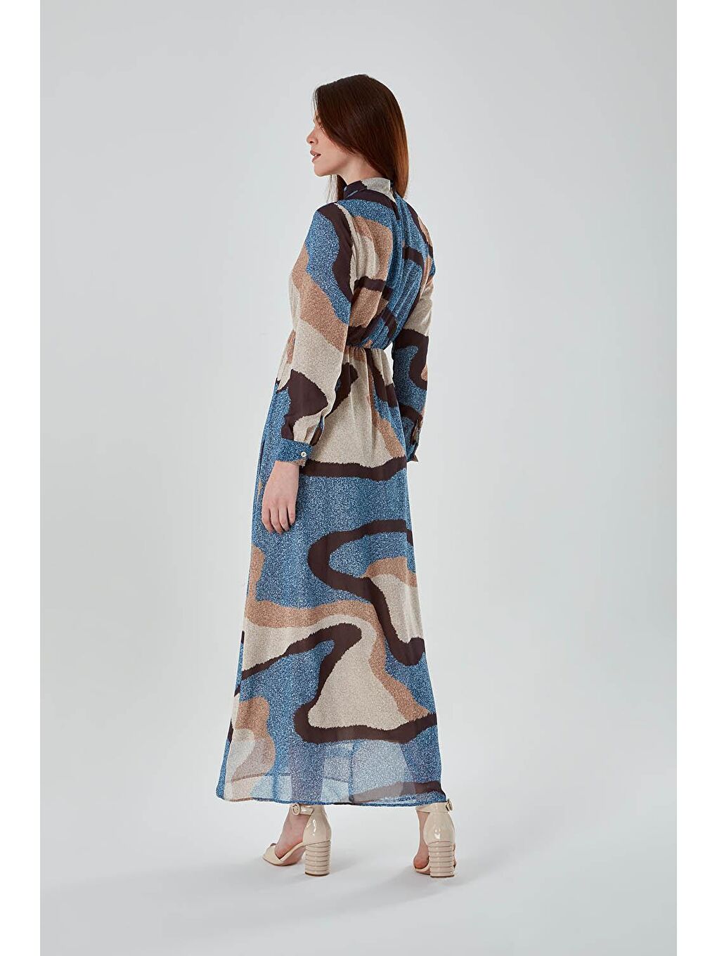 Dik Yaka Baskılı Mavi Uzun Elbise-3