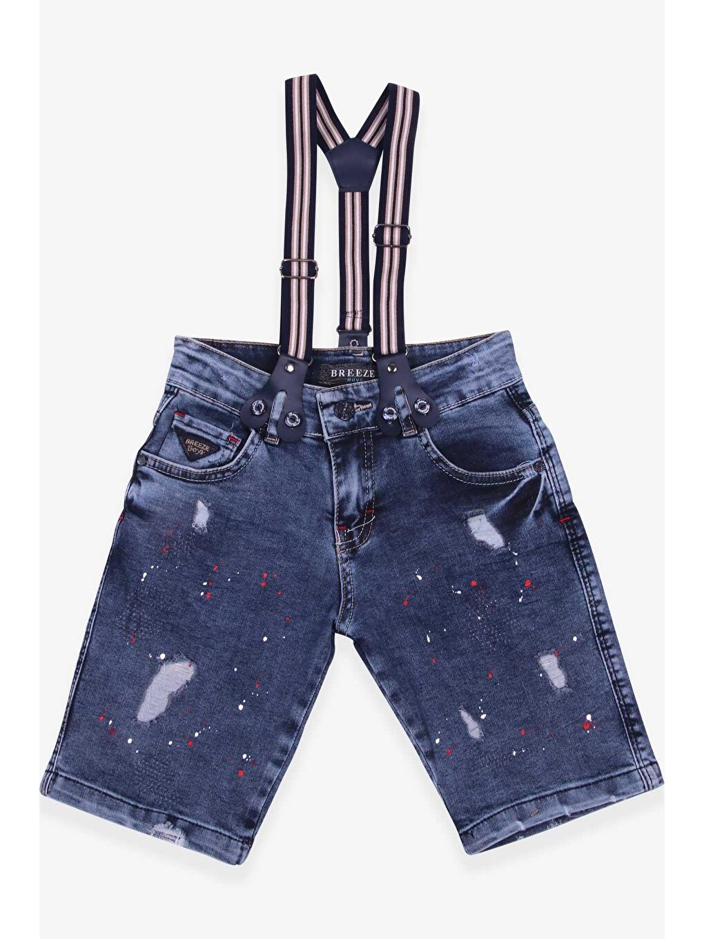 Erkek Çocuk Kot Şort Askılı Boya Desenli Mavi (8-12 Yaş)