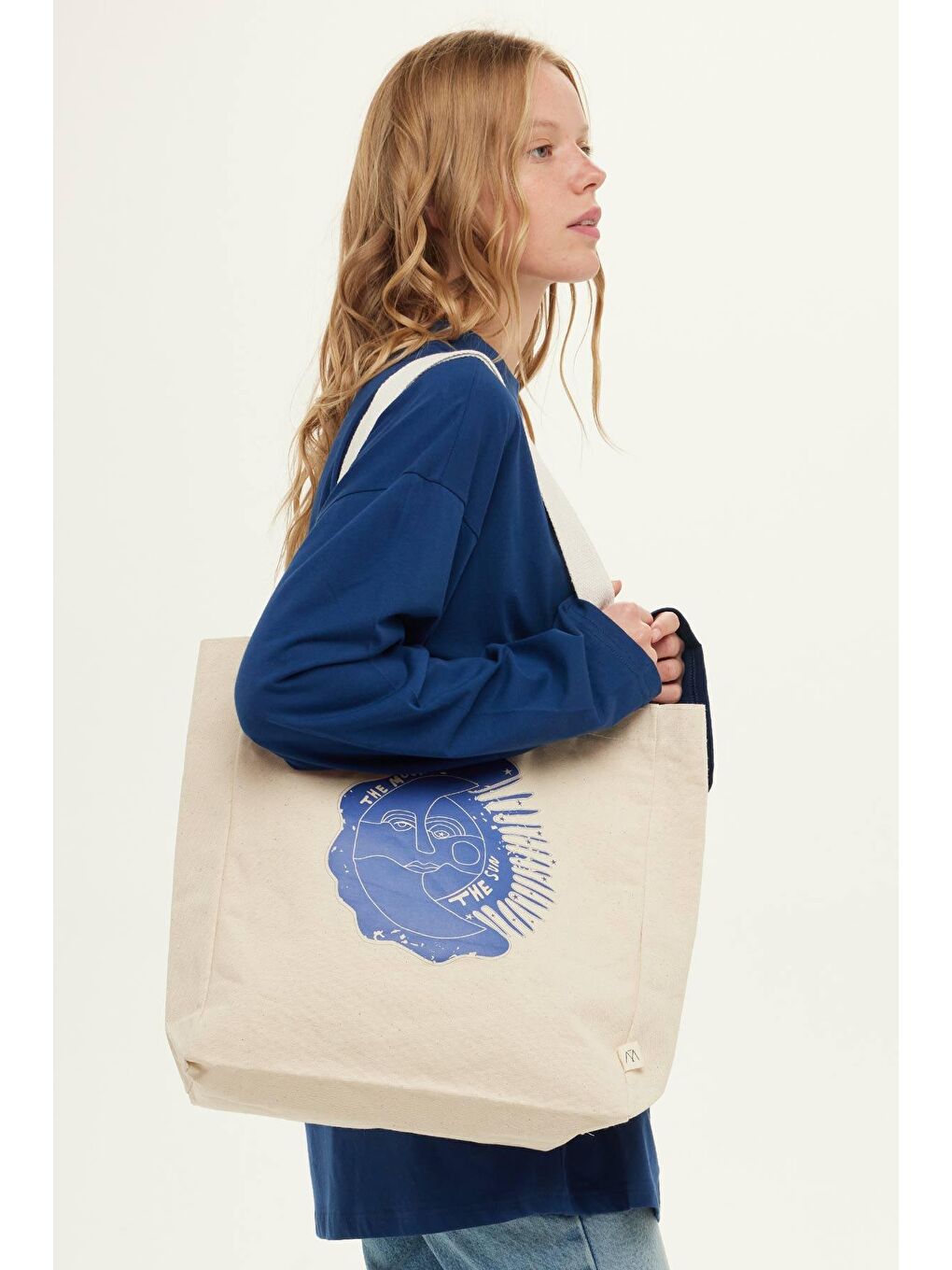 Bej Baskılı Körüklü Bez Çanta Moon