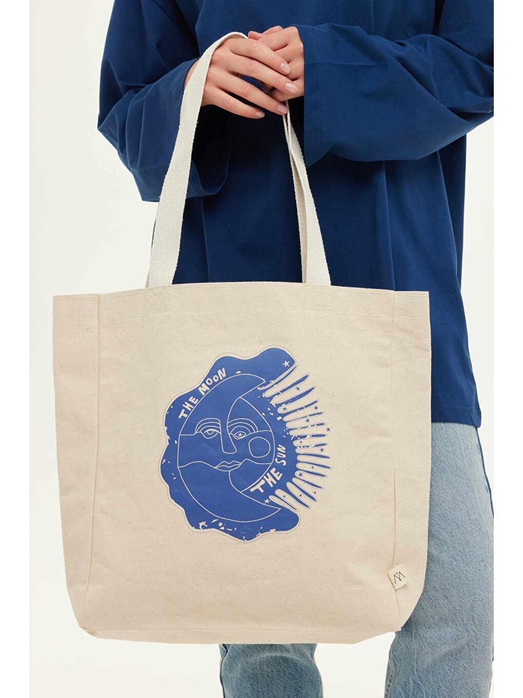 Bej Baskılı Körüklü Bez Çanta Moon-1