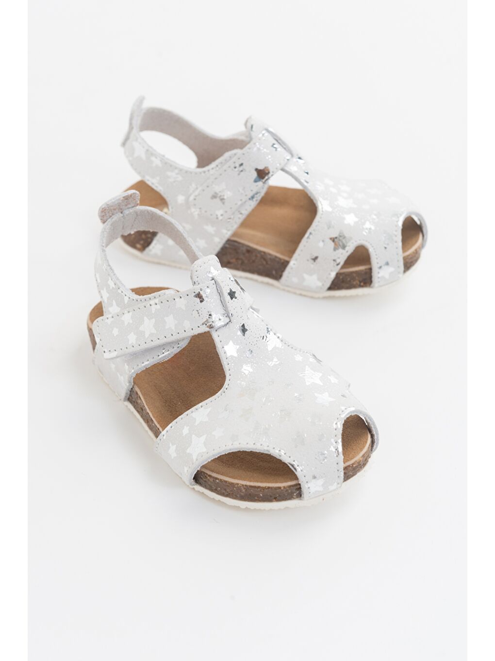 Gri Unisex Çocuk Yıldızlı Gümüş Deri Ortopedik Destekli Çocuk Sandalet-2