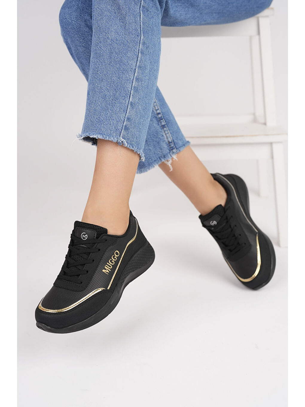 Siyah COCO Kadın Ortopedik Günlük Bağcıklı Şık Rahat Sneaker Spor Ayakkabı-5