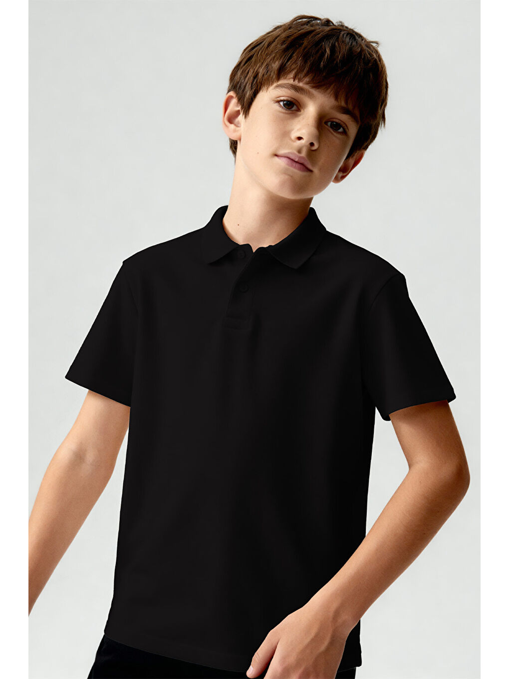 Siyah Polo Yaka Standart Fit Basic Unisex T-Shirt - 11330-2