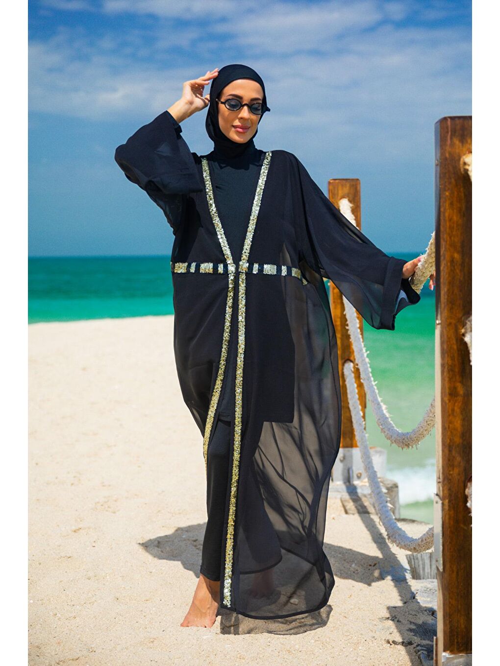 Marina Siyah Payetli Siyah Kimono Kaftan P2346 - 3