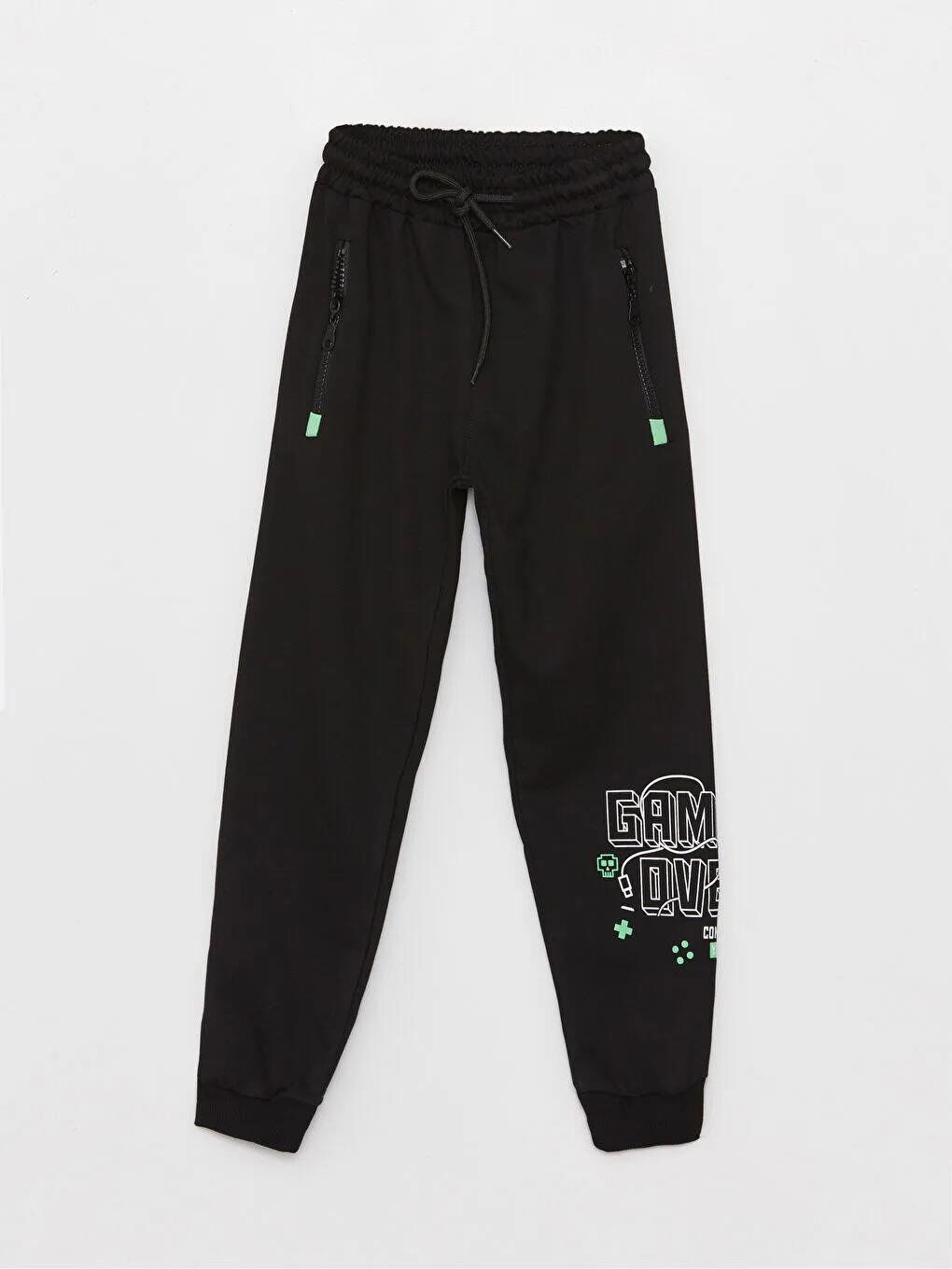 Siyah Game Over Baskılı Cebi Fermuarlı Erkek Çocuk Eşofman Altı