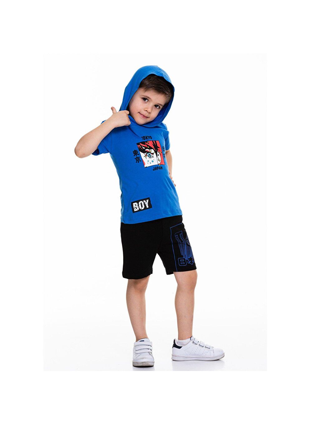 Mavi Tokyo Baskılı Armalı Şortlu Takım