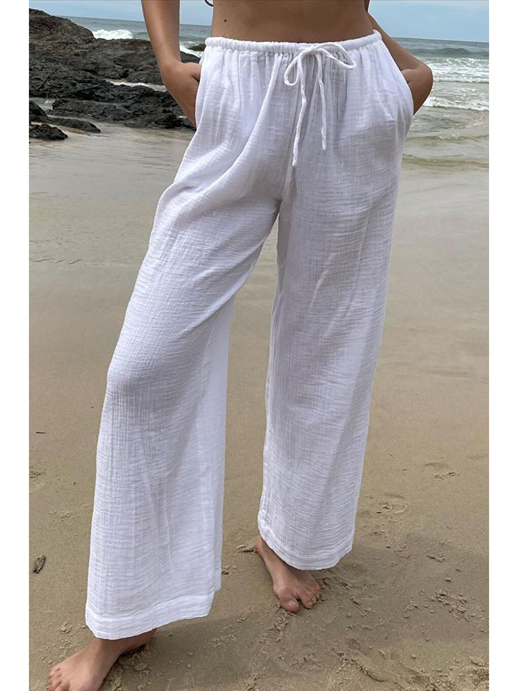 Beyaz Krinkıl Kumaş Basic Kadın Plaj Pantolon Mg1778