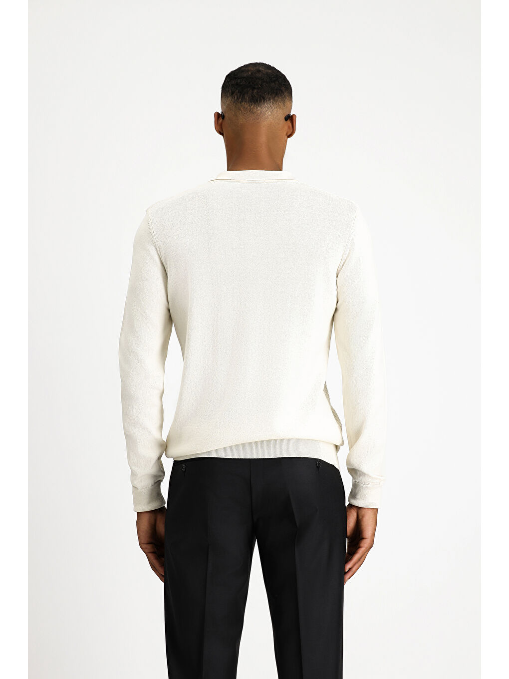 Ekru Polo Yaka Regular Fit Fermuarlı Desenli Pamuklu Triko Kazak-3