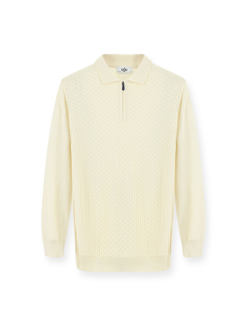 Ekru Polo Yaka Regular Fit Fermuarlı Desenli Pamuklu Triko Kazak-4