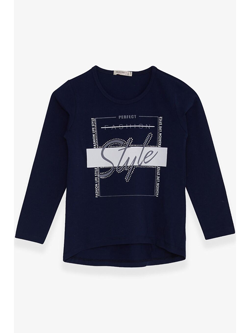 Kız Çocuk Uzun Kollu Tişört Taşlı Yazı Baskılı Lacivert (6-12 Yaş)