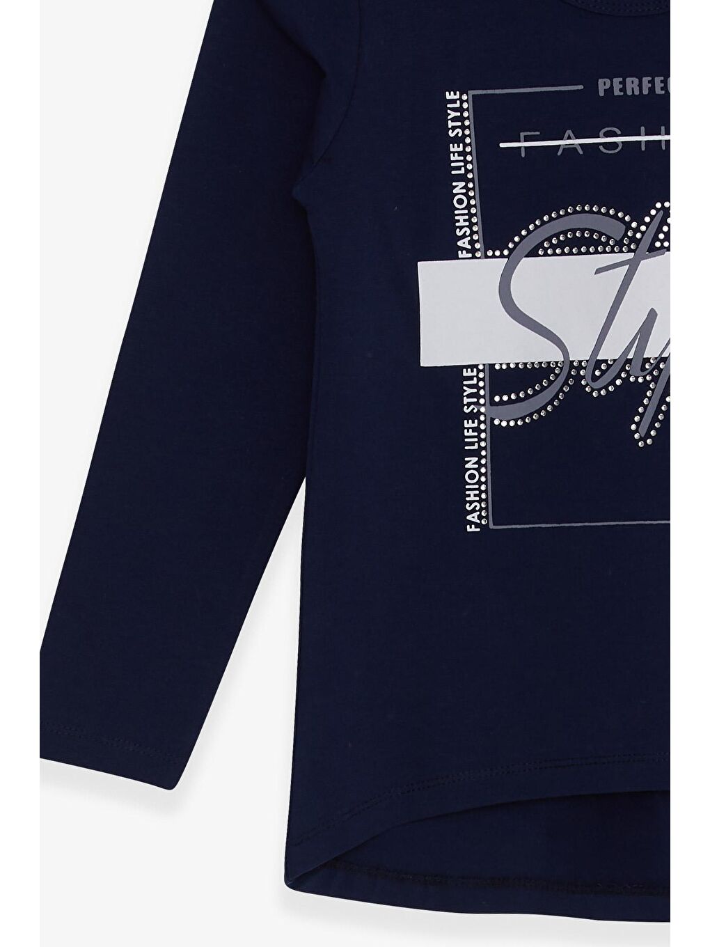 Kız Çocuk Uzun Kollu Tişört Taşlı Yazı Baskılı Lacivert (6-12 Yaş)-3