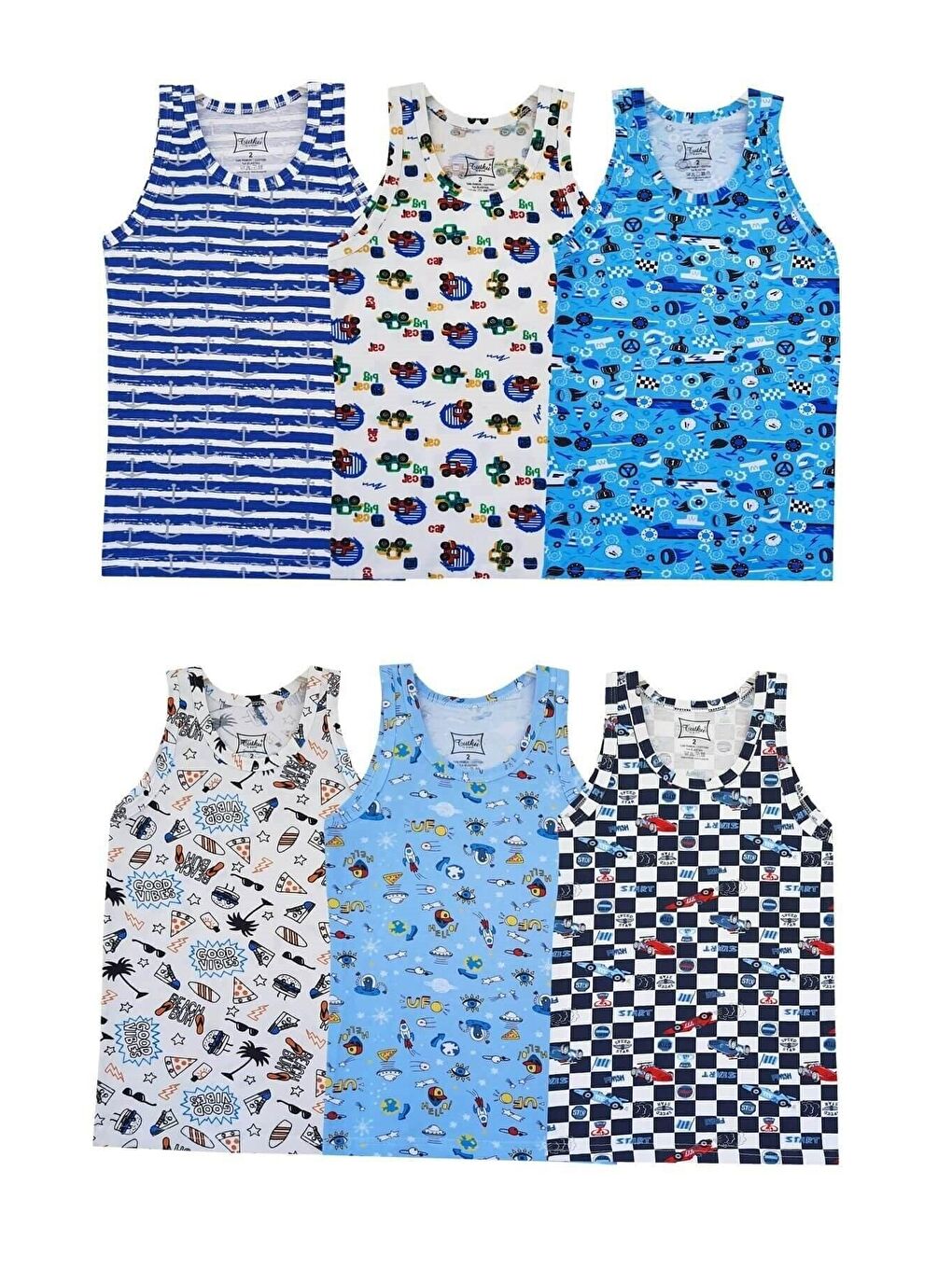 Karışık 6'lı Erkek Çocuk Desenli Pamuklu Empirme Atlet