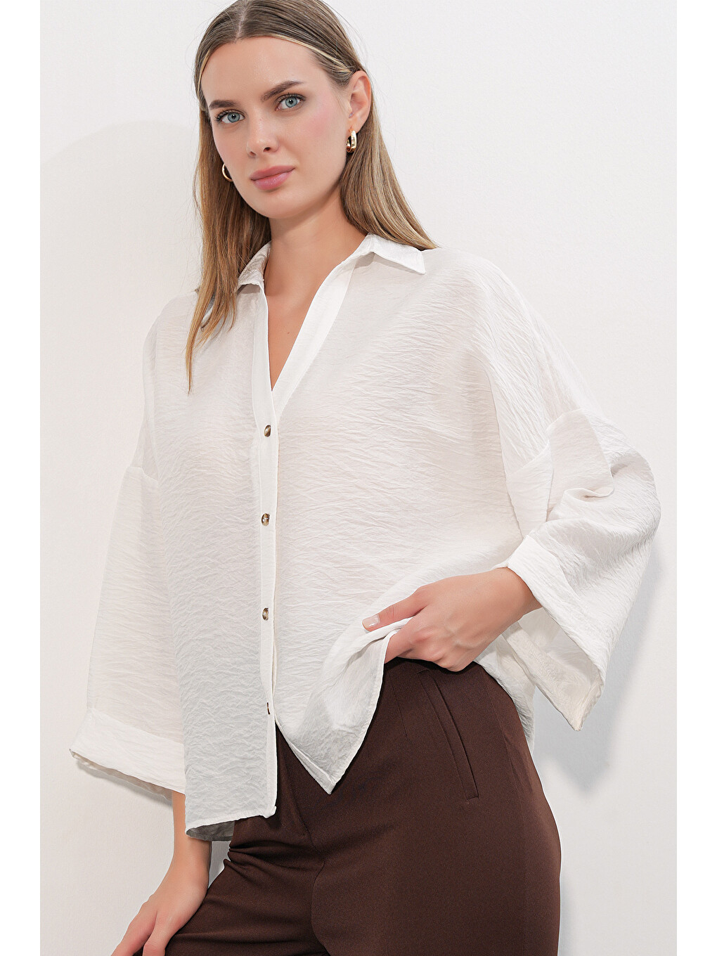 Kadın Geniş Kol Oversize Gömlek 20401 - Beyaz-3