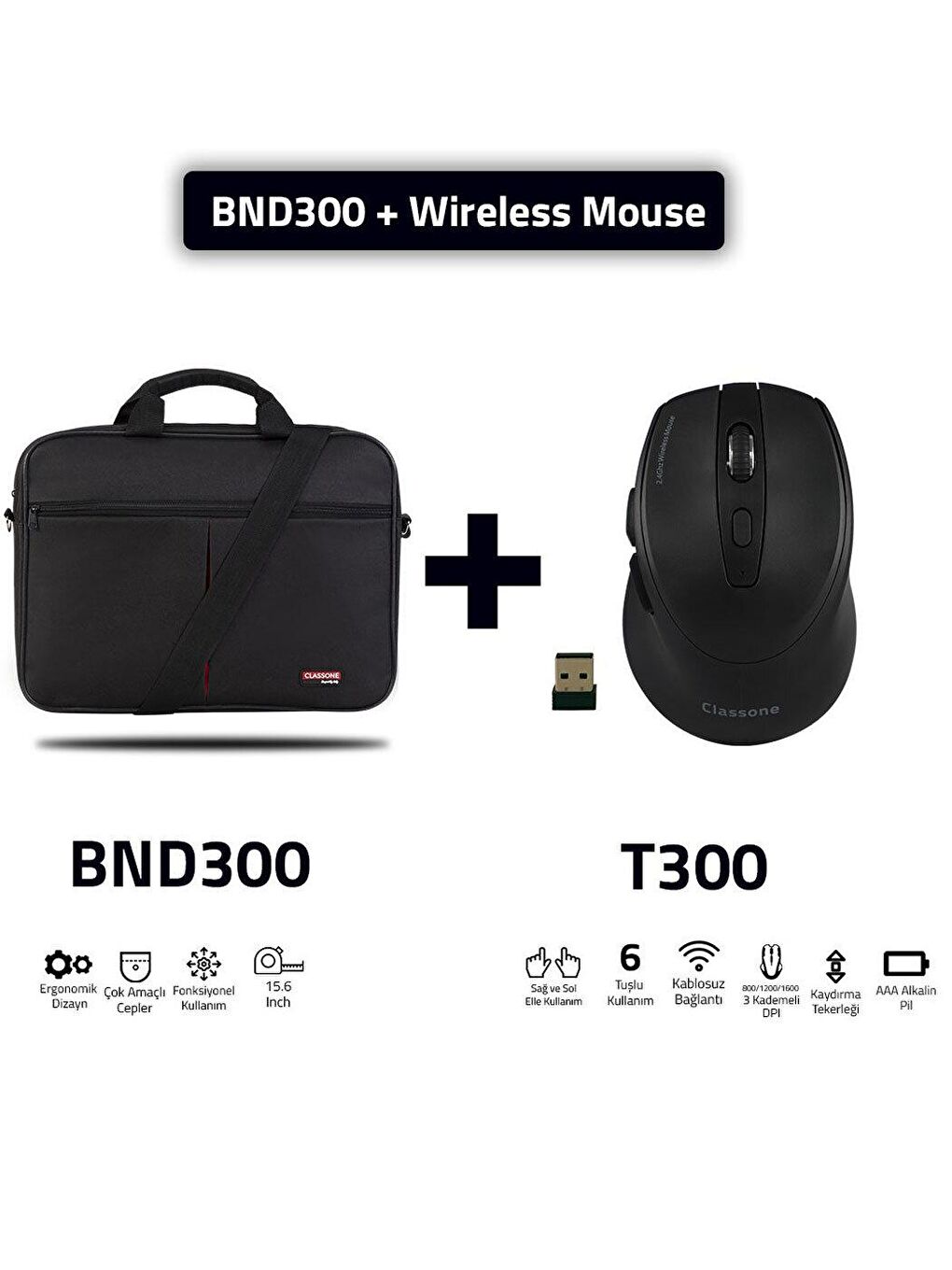 Classone Siyah BND300 15.6 Notebook El Çantası + Mouse