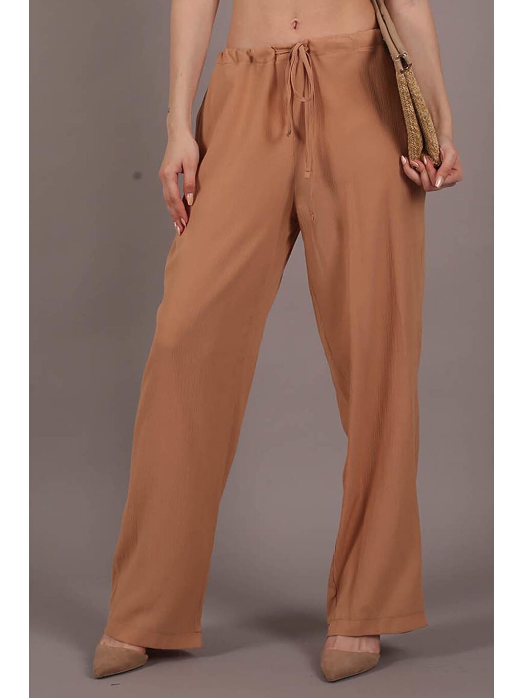 Bej Camel Krinkıl Kumaş Basic Kadın Plaj Pantolon MG1778