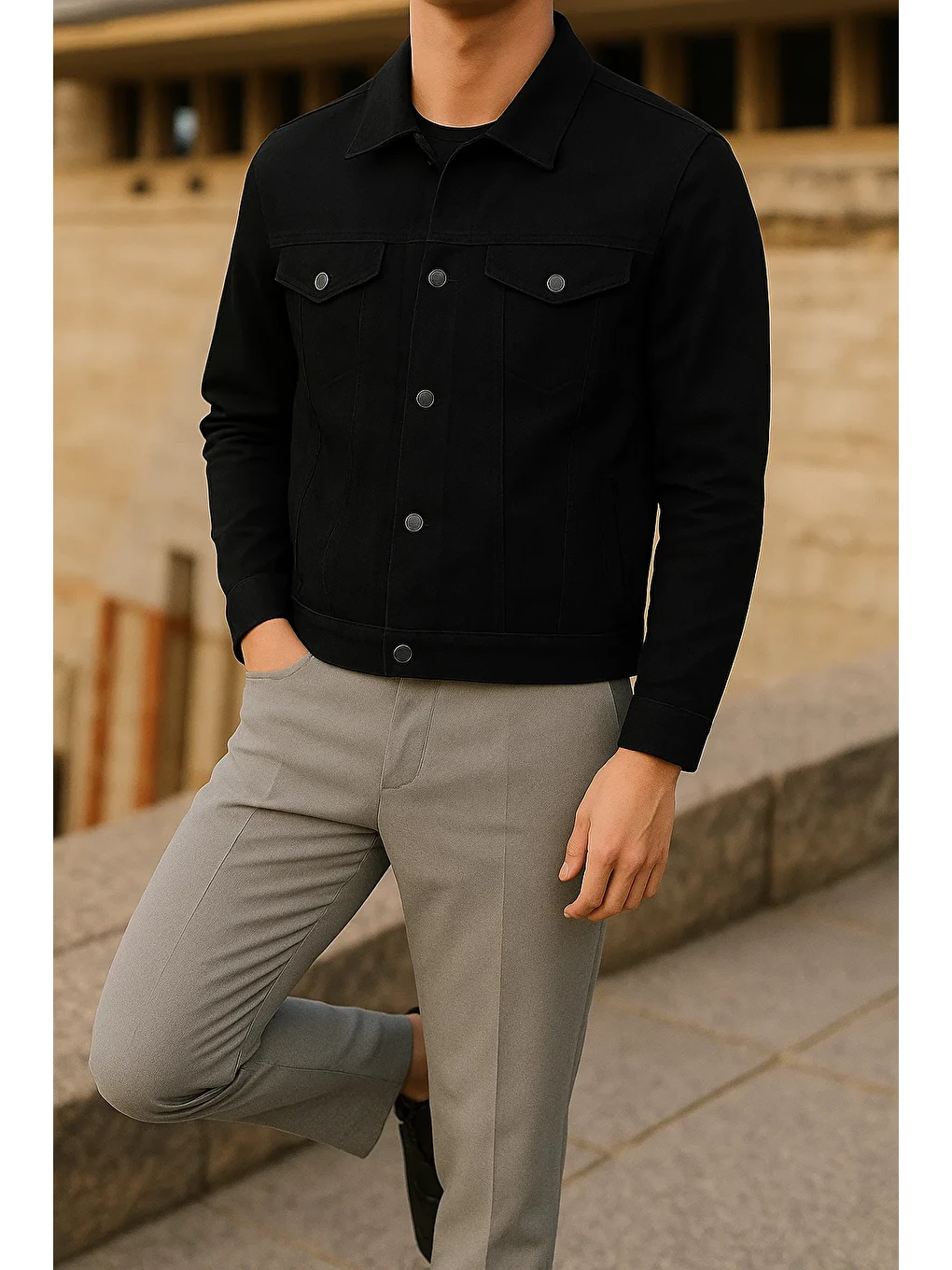 Erkek Mevsimlik Slim Fit Trend Klasik Siyah Jean Ceket-2