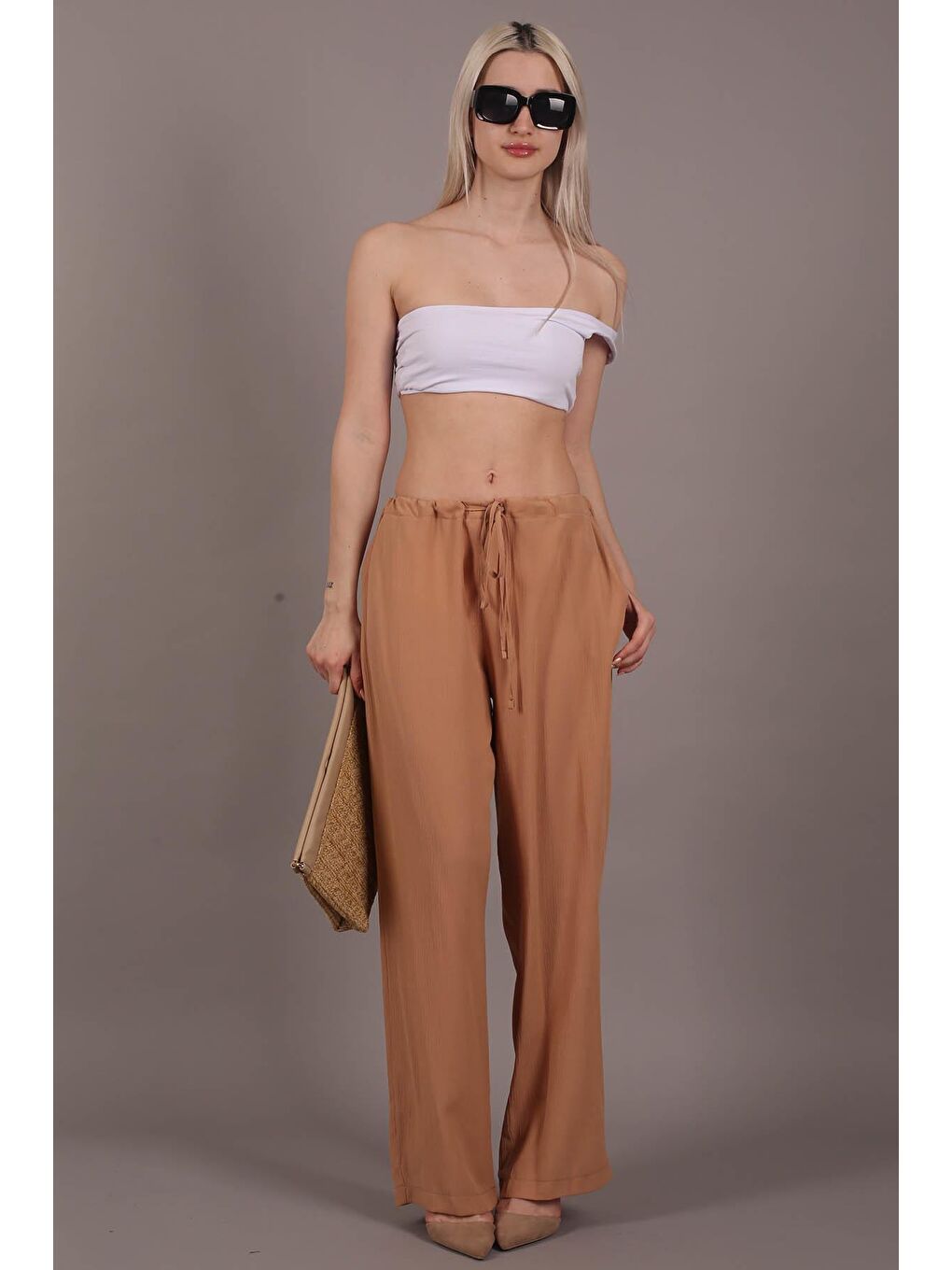 Bej Camel Krinkıl Kumaş Basic Kadın Plaj Pantolon MG1778-2