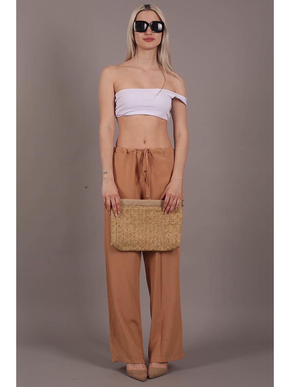Bej Camel Krinkıl Kumaş Basic Kadın Plaj Pantolon MG1778-3