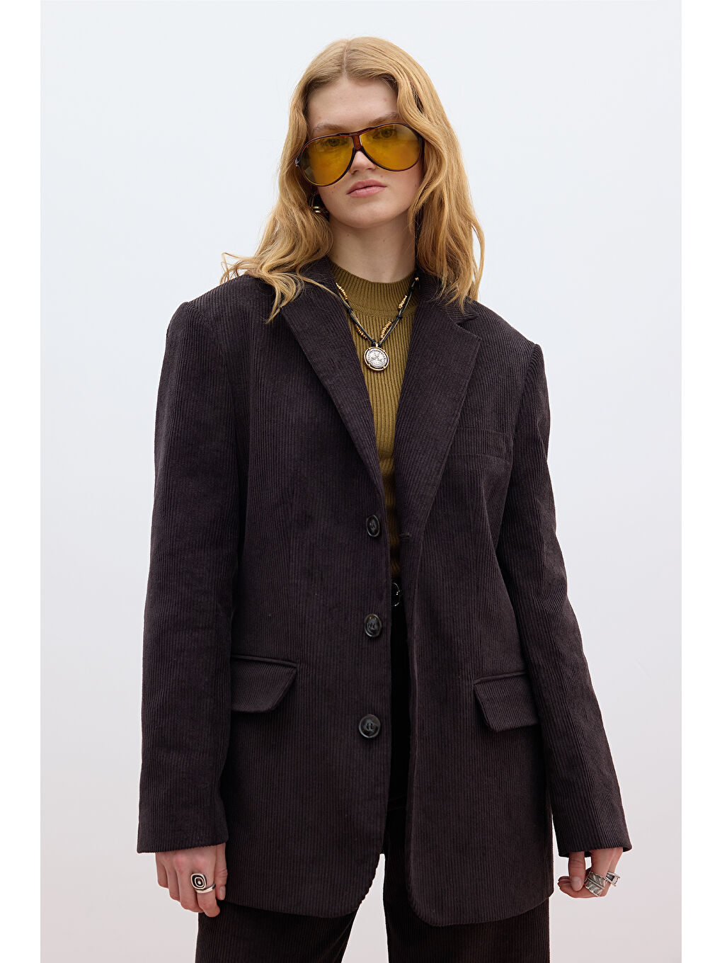 Kahverengi Fitilli Kadife Blazer Ceket Acı Kahve-1