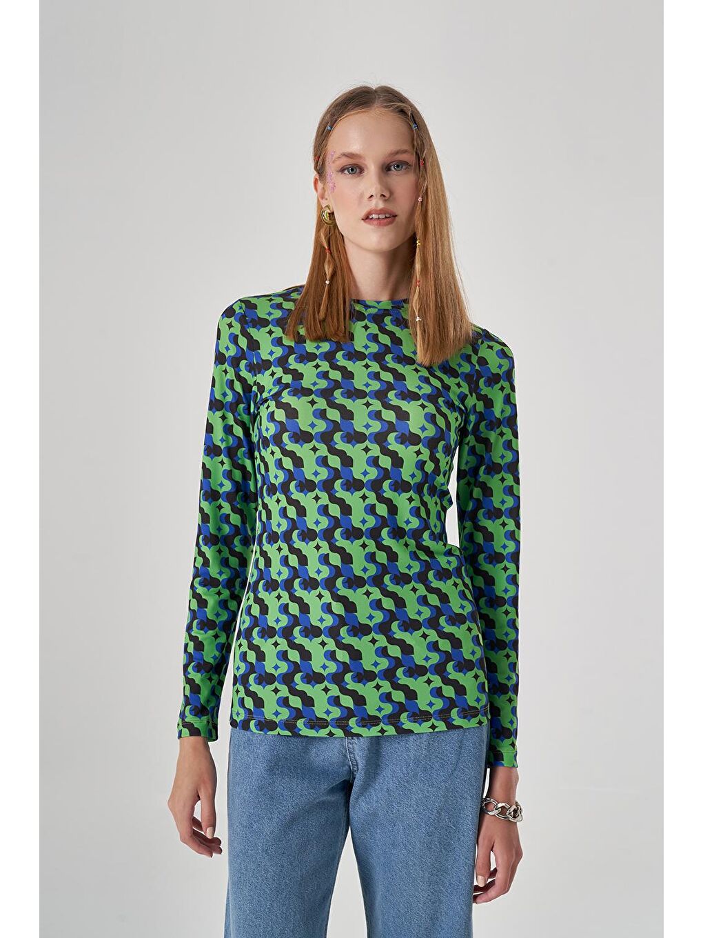 Grafik Baskılı Yeşil Sandy Bluz-1