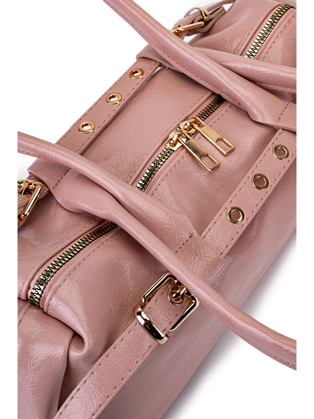 Pembe Kemer Detaylı Rugan Suni Deri Omuz Çanta Anfora Pudra-4