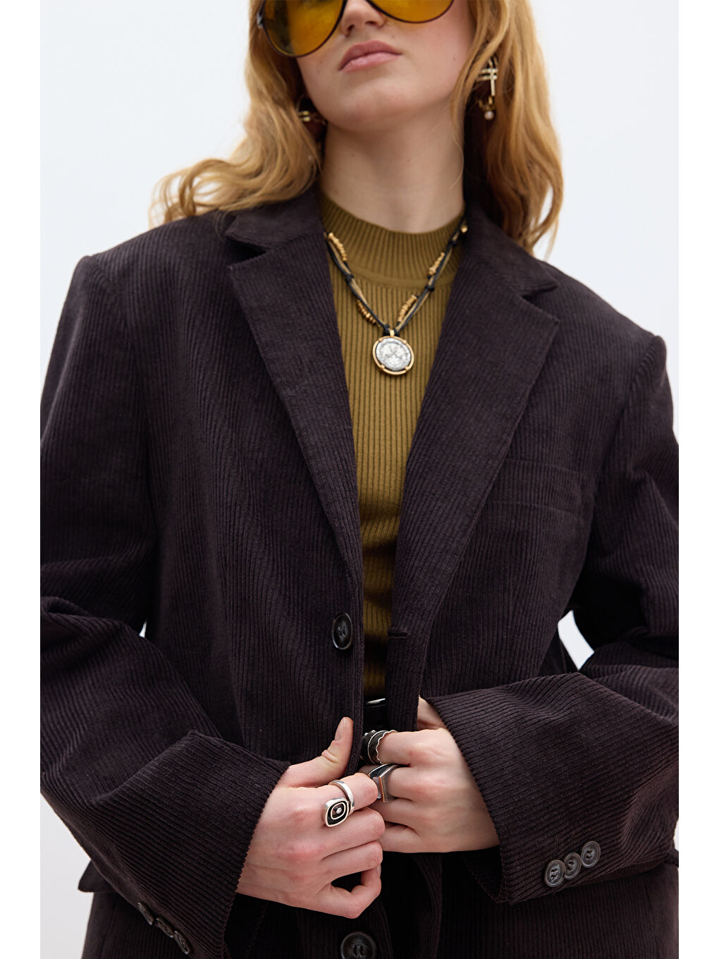 Kahverengi Fitilli Kadife Blazer Ceket Acı Kahve-4