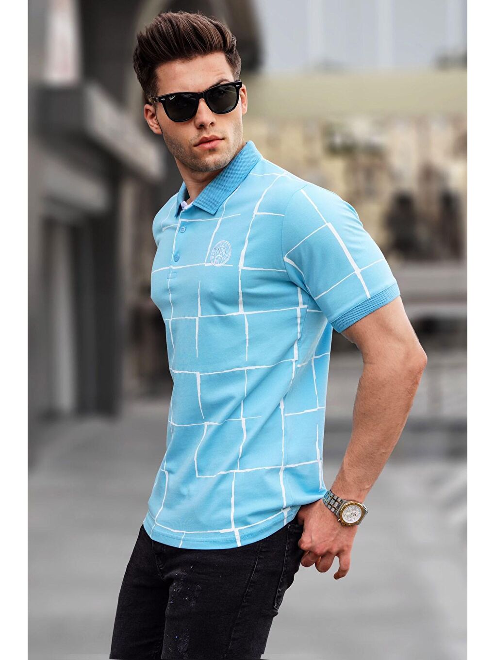 Mavi Desenli Polo Yaka Tişört 5887