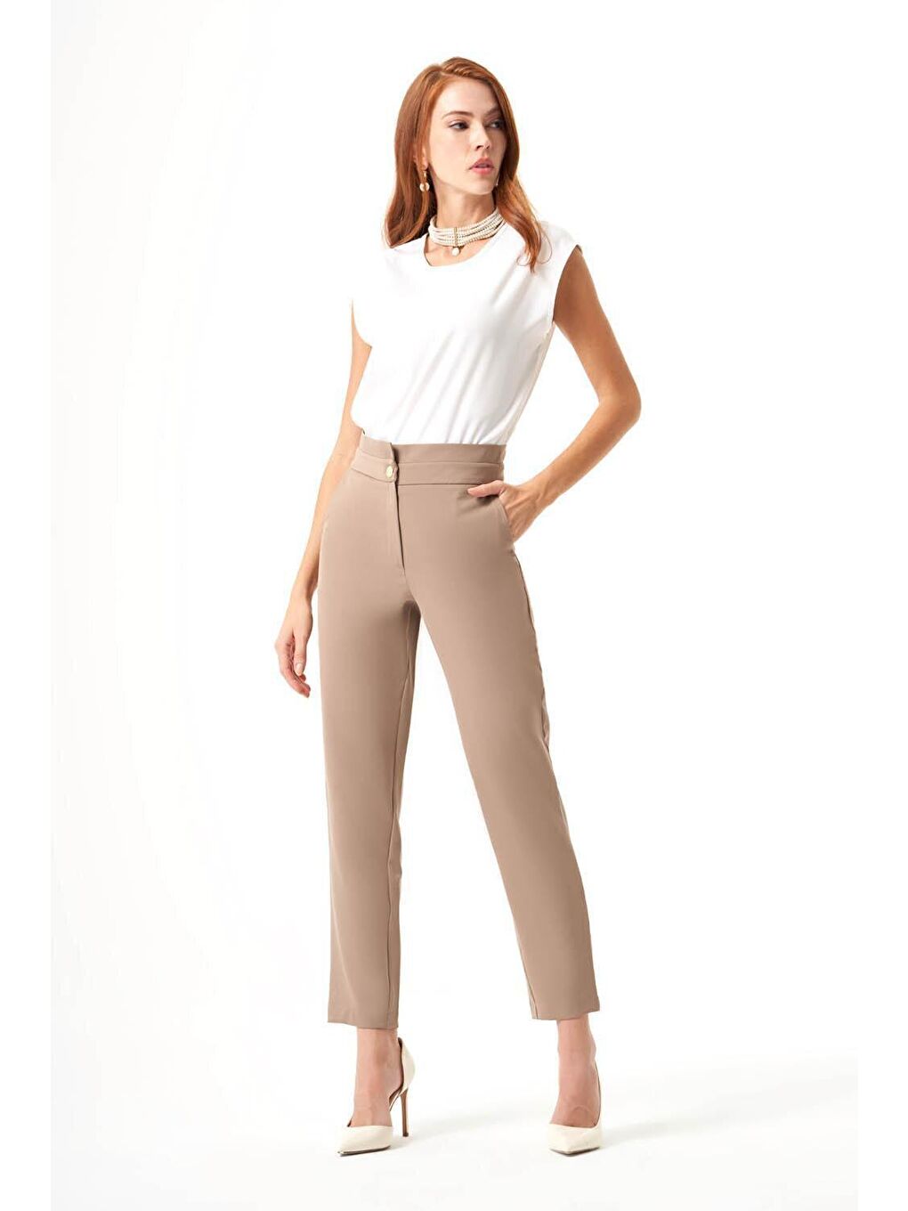 Bej Kat Kemerli Vizon Pantolon-6