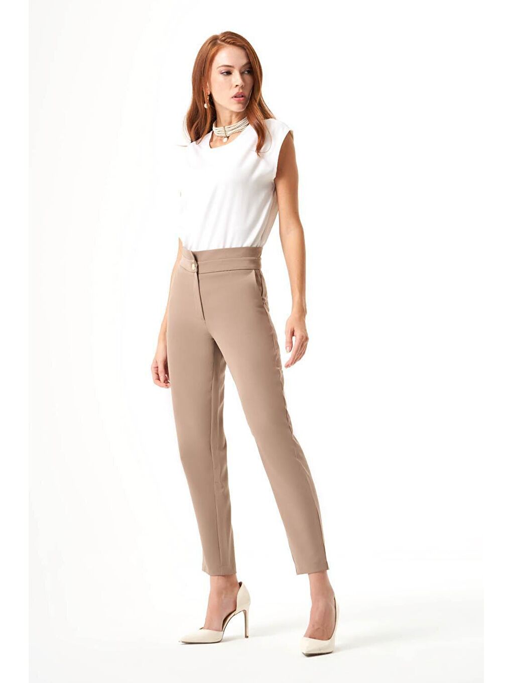 Bej Kat Kemerli Vizon Pantolon-8