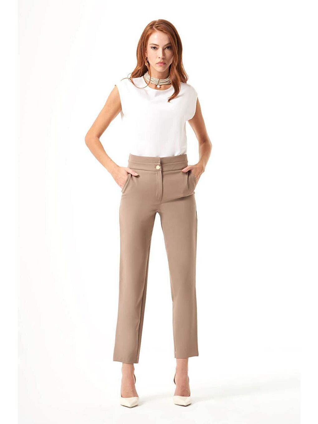 Bej Kat Kemerli Vizon Pantolon-9