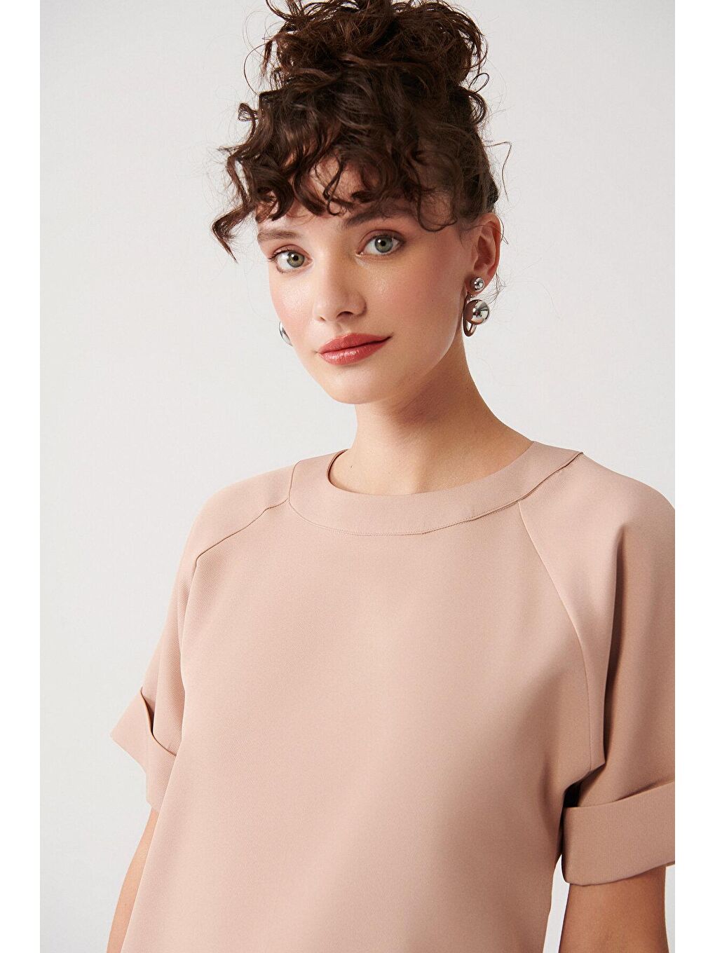 Pembe Düz Duble Kol Bisiklet Yaka Elbise-1