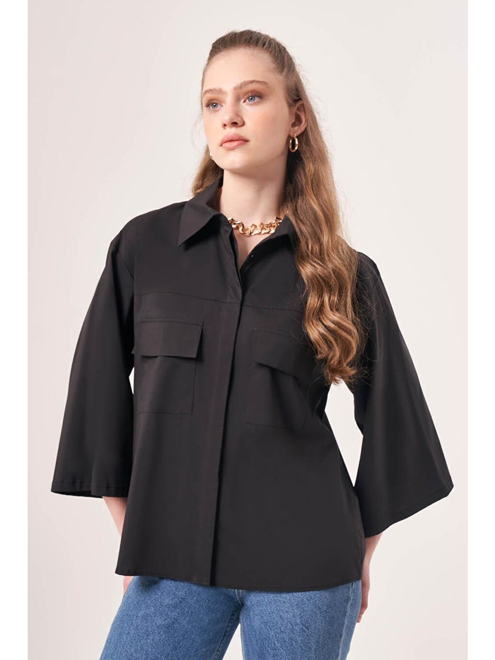 Kısa Cepli Poplin Siyah Gömlek-2