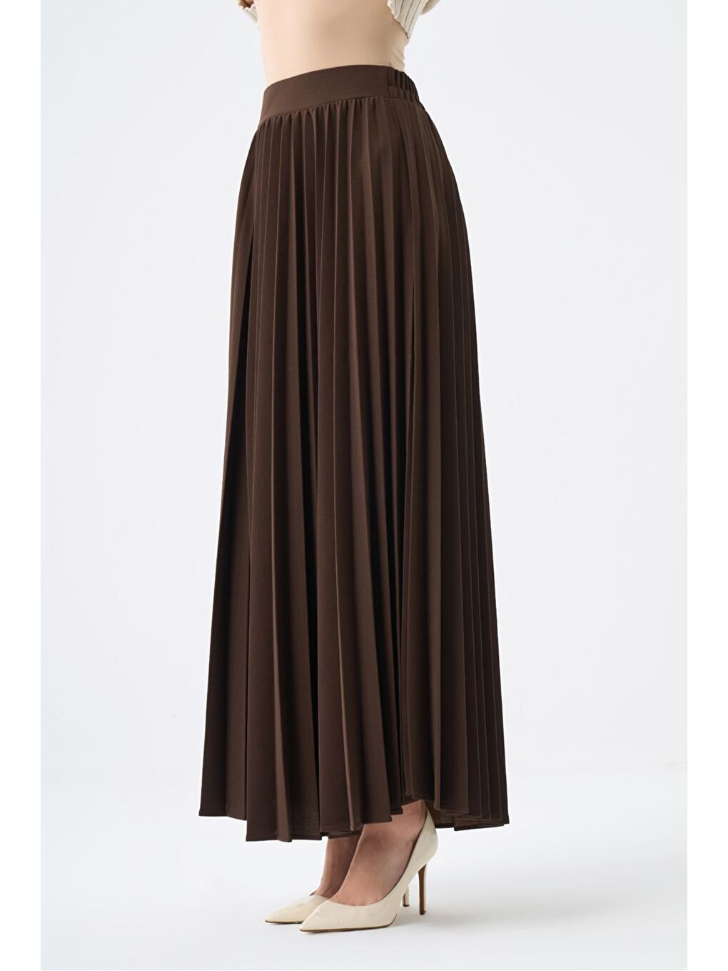 Kahverengi Basic Örme Pliseli Krep Kahve Etek-2