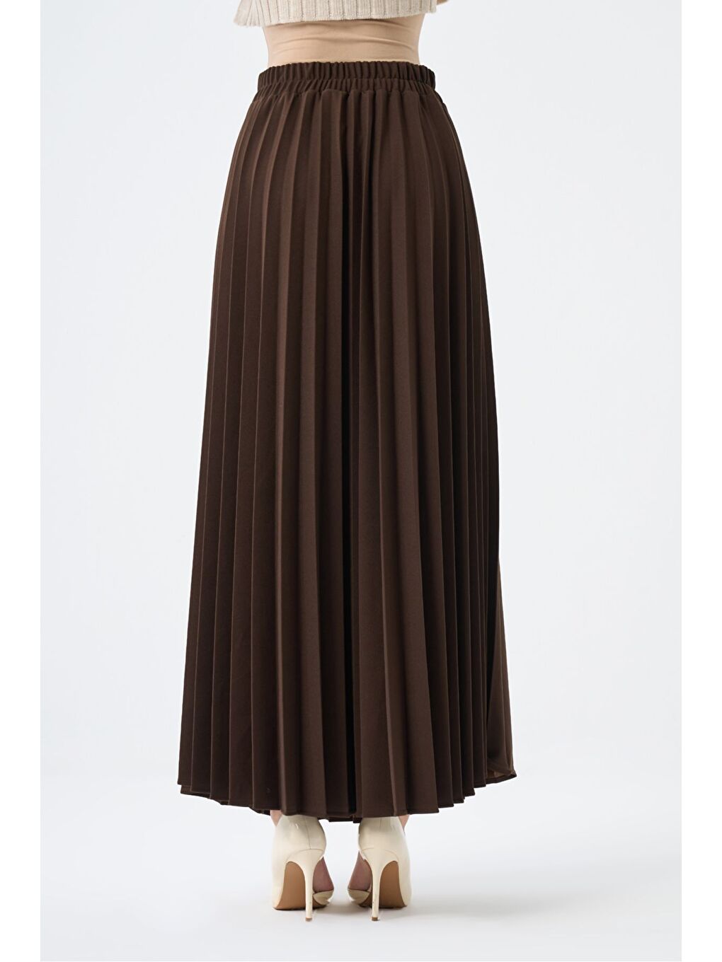 Kahverengi Basic Örme Pliseli Krep Kahve Etek-3