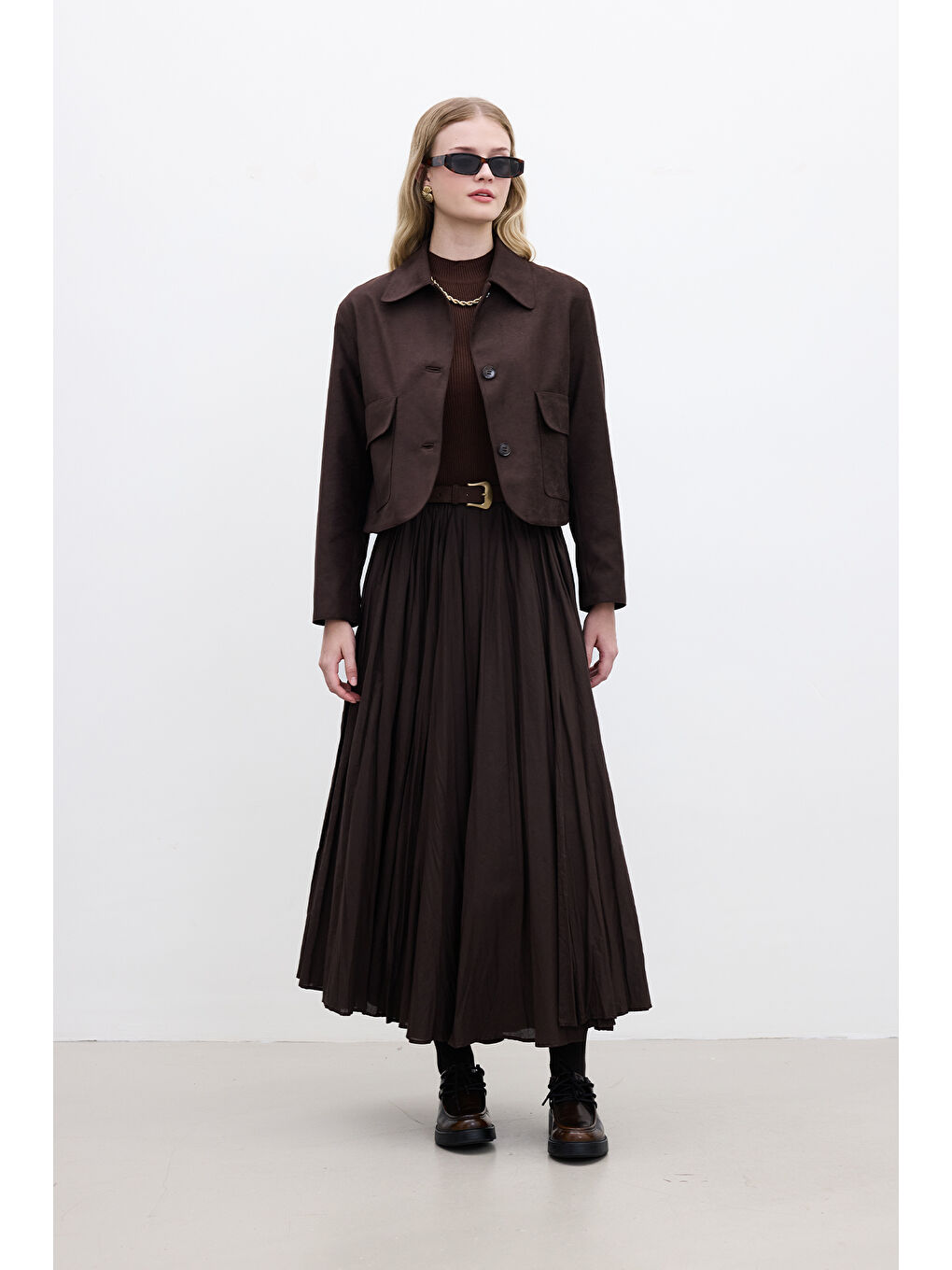 Kahverengi Pılıse Maxı Etek Acı Kahve