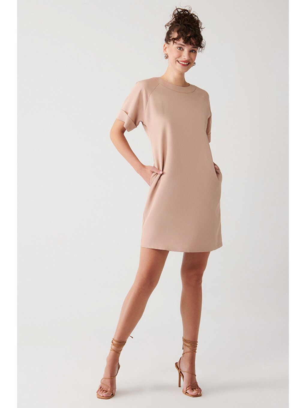 Pembe Düz Duble Kol Bisiklet Yaka Elbise-2