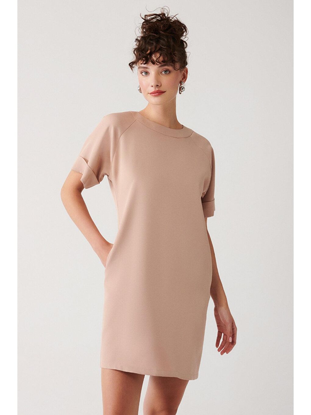 Pembe Düz Duble Kol Bisiklet Yaka Elbise-3