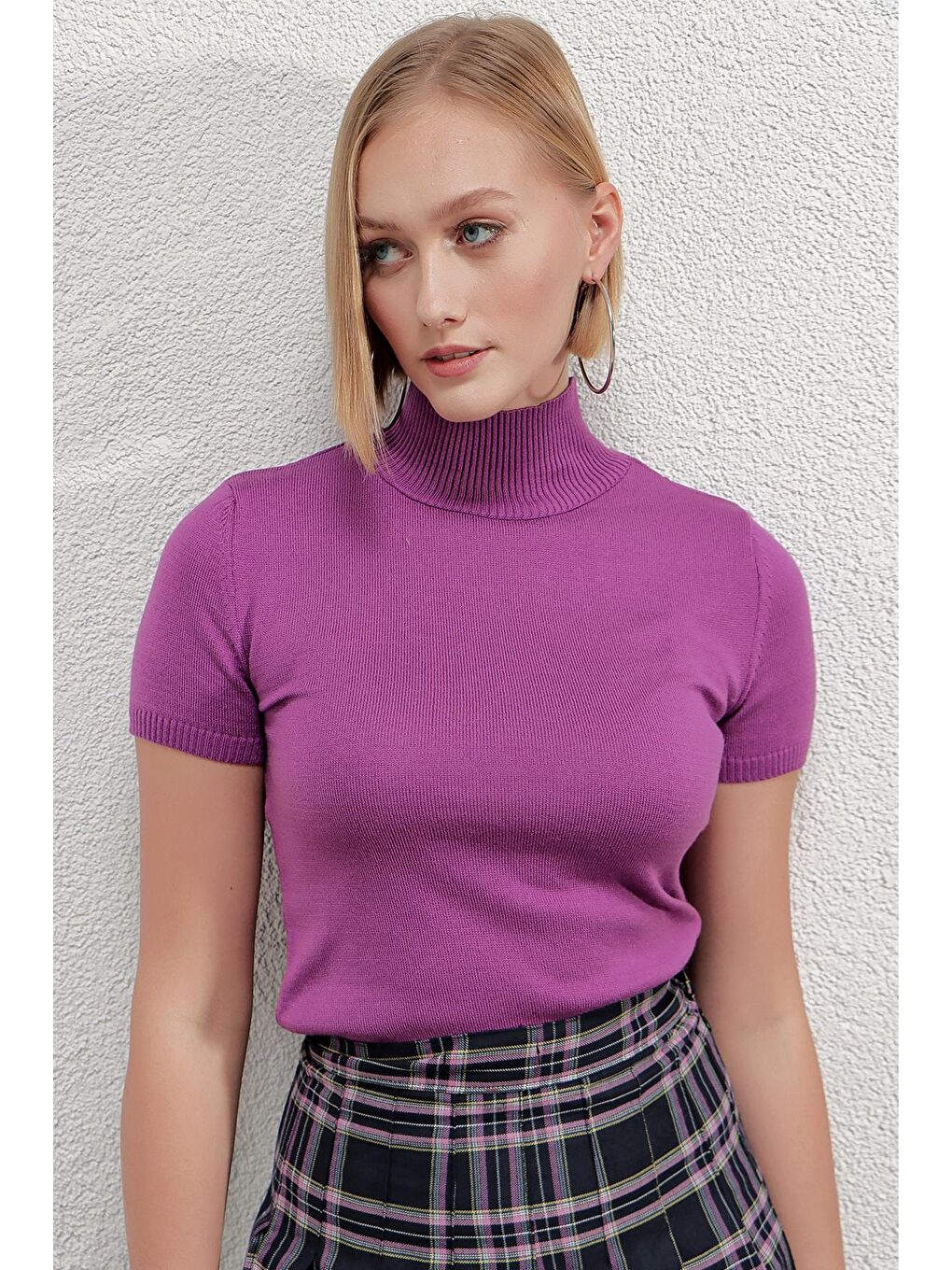 Kadın Koyu Lila Balıkçı Yaka Kısa Kollu Boğazlı Triko Kazak HZL23W-BD1101051-1