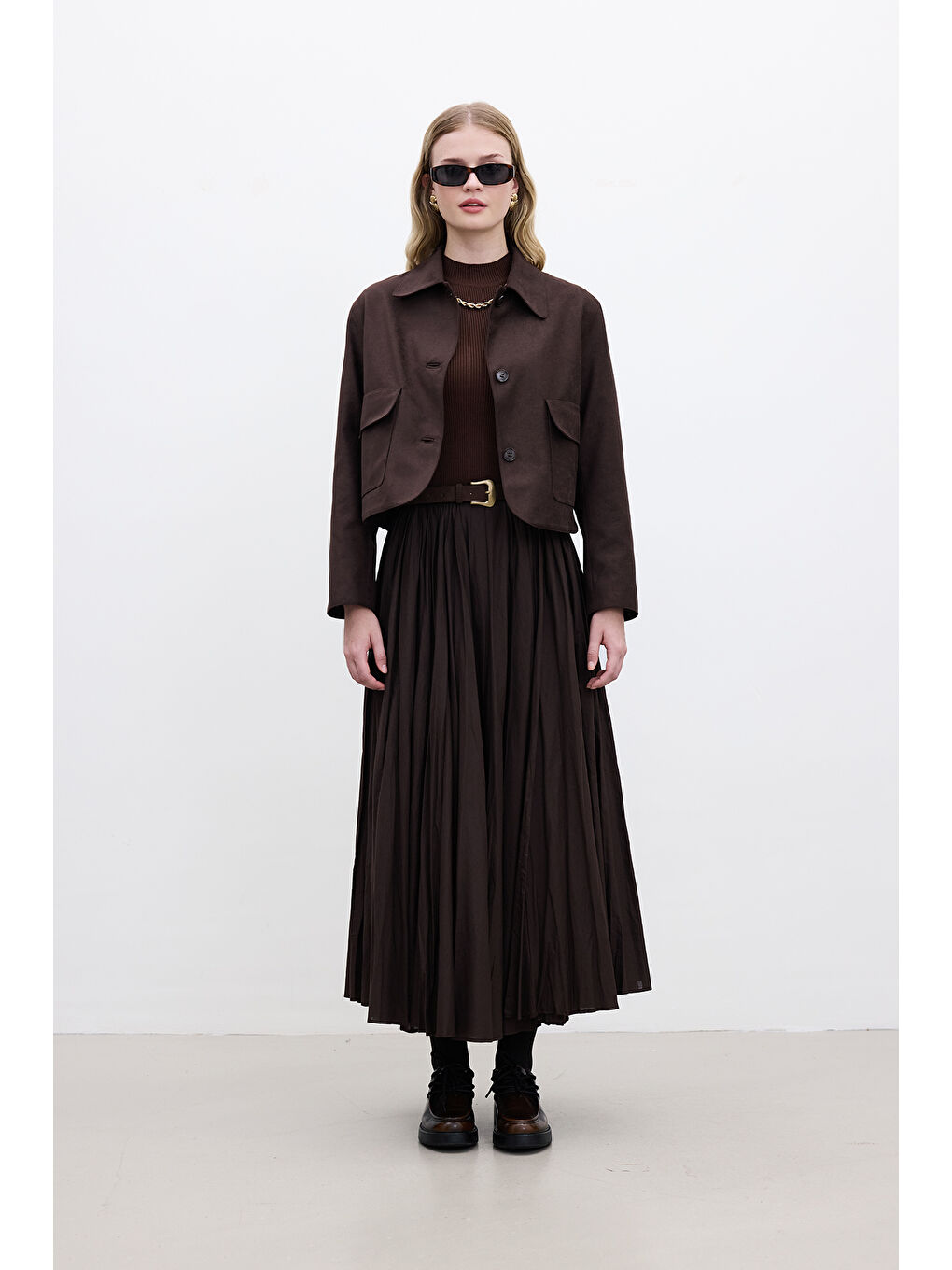 Kahverengi Pılıse Maxı Etek Acı Kahve-1