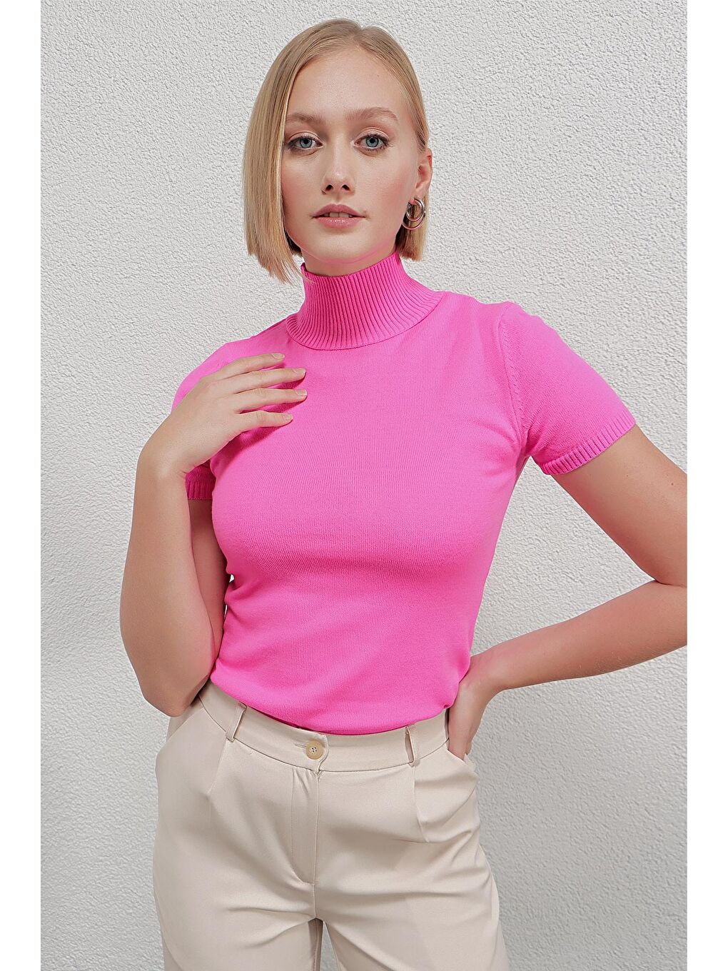 Kadın Koyu Pembe Balıkçı Yaka Kısa Kollu Boğazlı Triko Kazak HZL23W-BD1101051-1