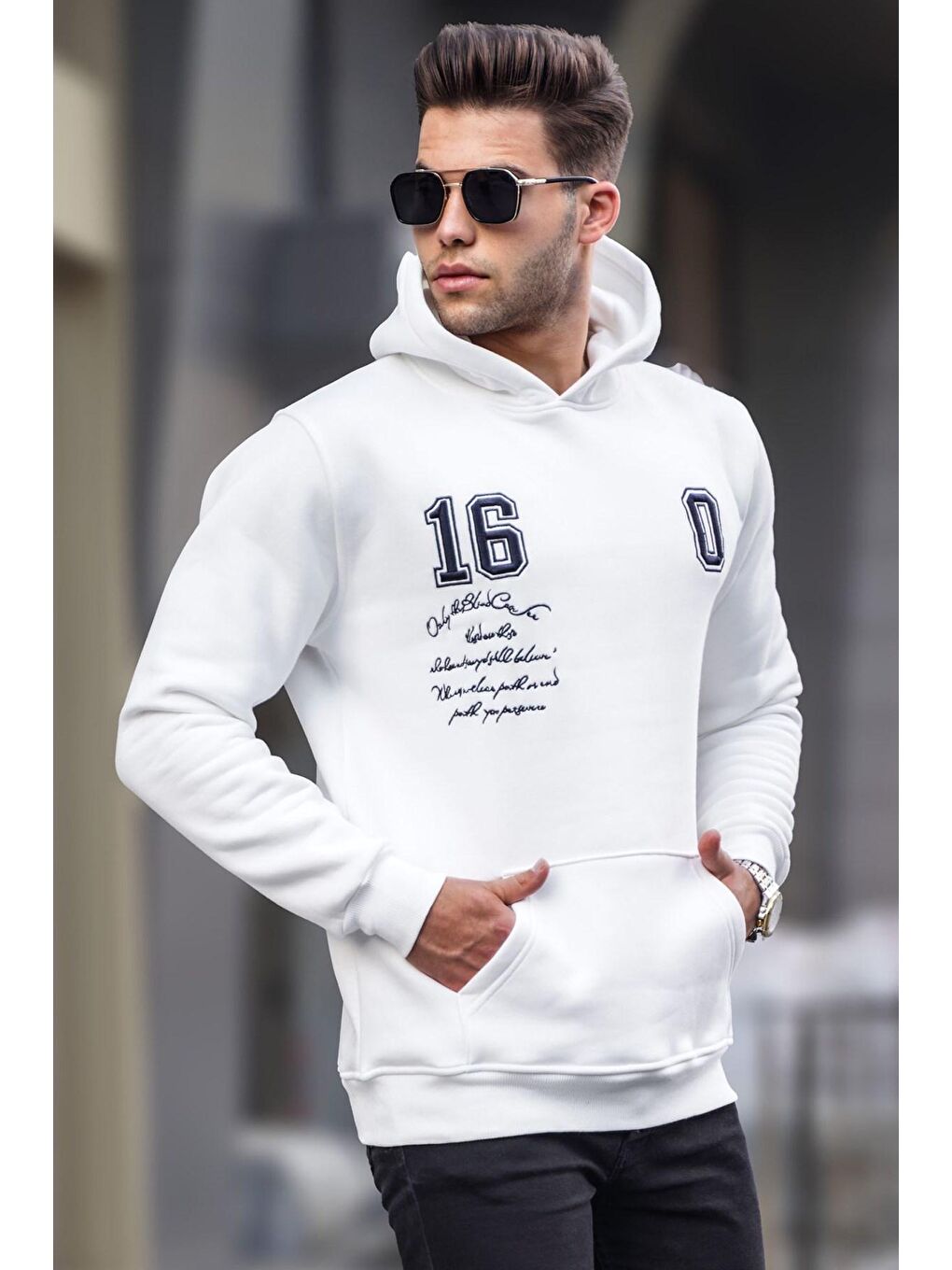 Beyaz Baskılı Kapüşonlu Sweatshirt 6006