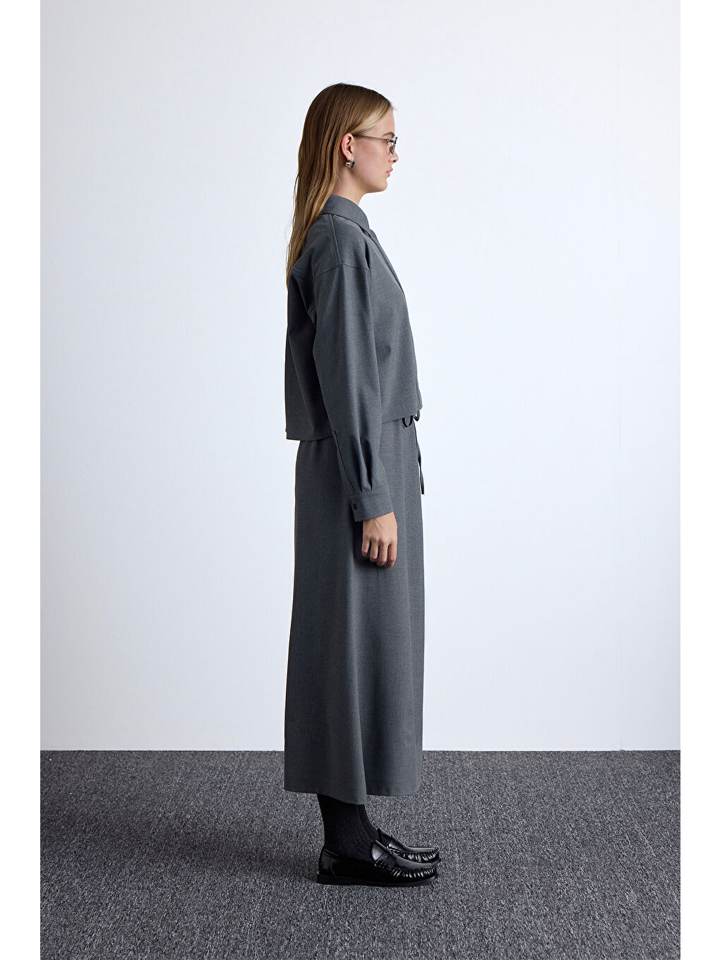 Karışık Dökümlü Crop Gömlek Gri-2