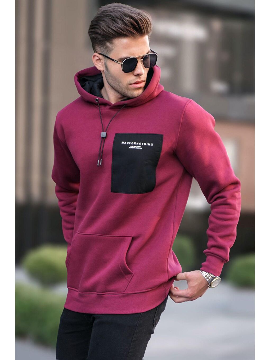 Madmext Bordo Baskılı kapüşonlu Sweatshirt 6004