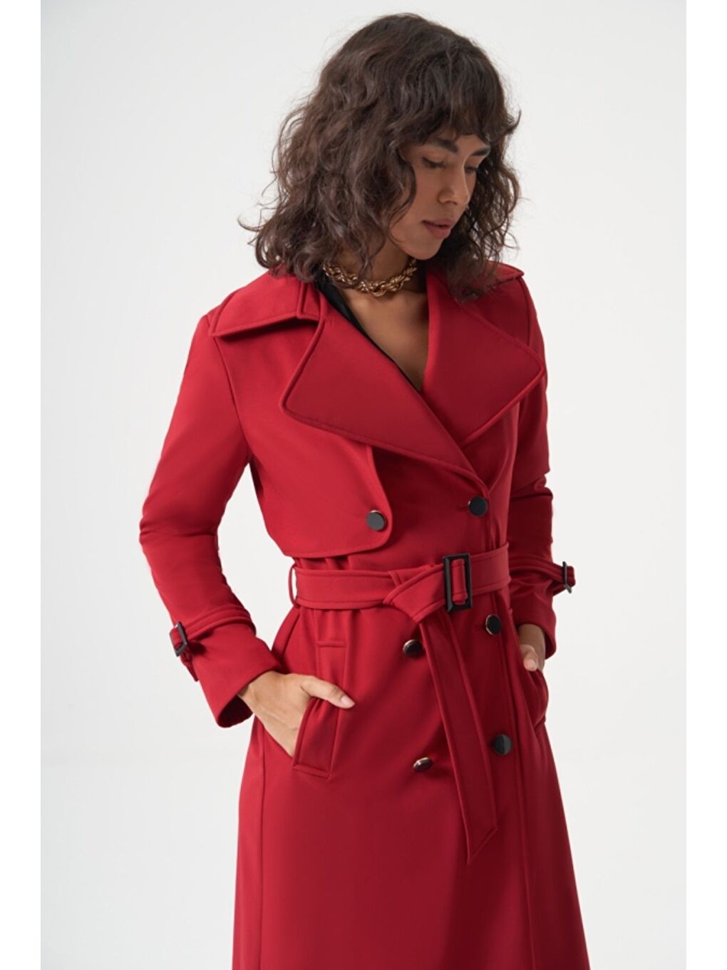 MZL Premium Kırmızı Uzun Trenç Kaşe Kaban-1